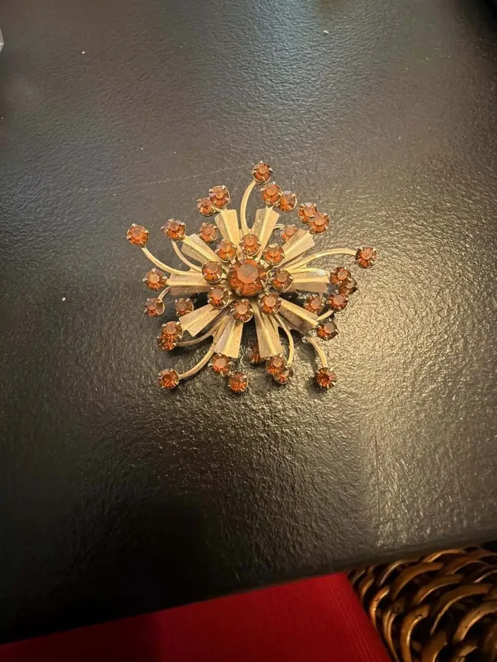 Vintage Starburst Sunburst Brooch with Amber Citrine Rhinestones